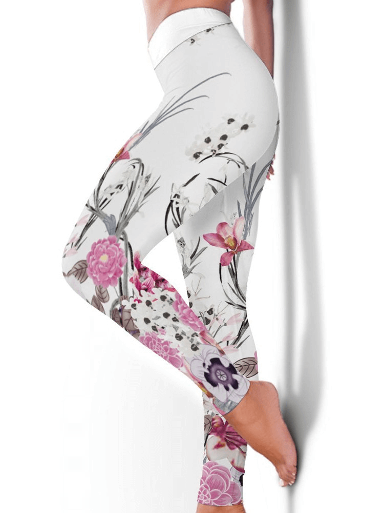 Seamless Women's Workout Leggings SF1003 with floral print, elastic fit, perfect for yoga and active wear, side view.